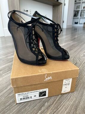 Christian Louboutin Black Mesh Lace-Up Peep-Toe Heels with Red Sole